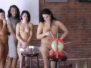 Girls play game strip balloon