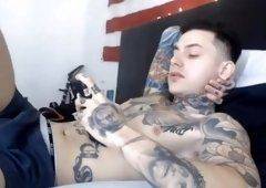 Tattooed twins handjob cock load cumm on face
